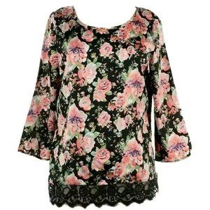 NEW Skies Are Blue Black Floral Print 3/4 Sleeve Scoop Neck Lace Hem Blouse M